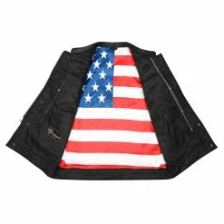 High Mileage HMM914P Men's Zipper And Snap Closure Leather Club Vest With Padding Quick Access With American Flag Liner