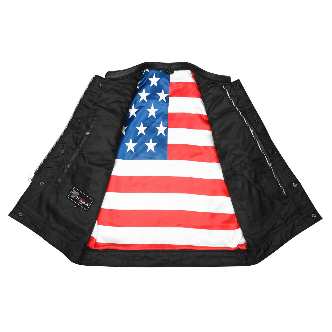High Mileage HMM914P Men's Zipper And Snap Closure Leather Club Vest With Padding Quick Access With American Flag Liner