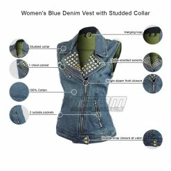Vance VB1050BL Women's Blue Denim Motorcycle Vest With Studded Collar