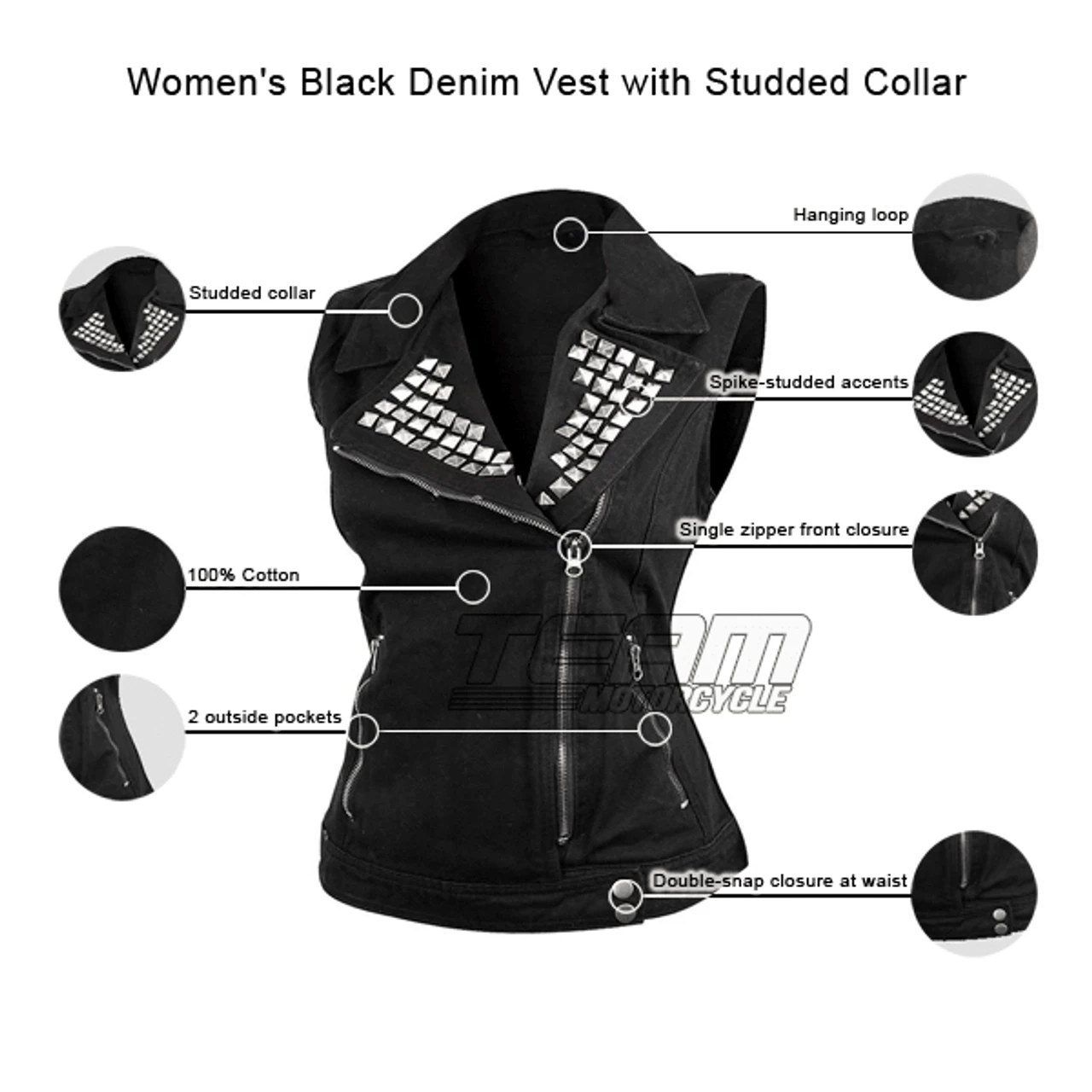 Vance VB1050BK Women's Black Denim Motorcycle Vest With Studded Collar