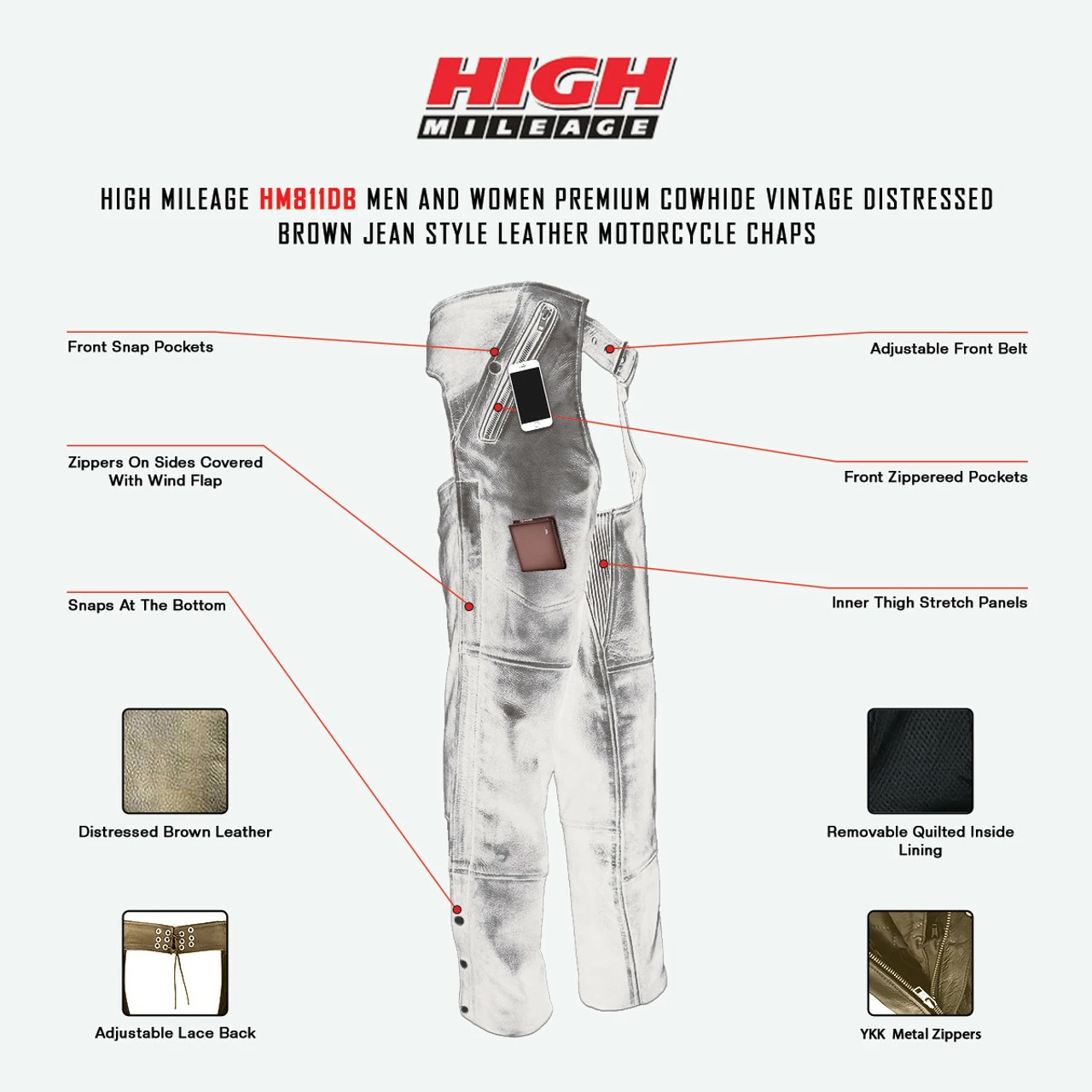 High Mileage HM811DB Men And Women Premium Cowhide Vintage Distressed Brown Jean Style Leather Motorcycle Chaps - Image 2