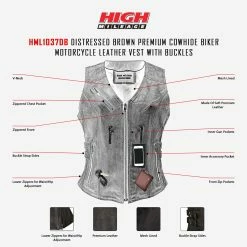 High Mileage HML1037DB Womens Distressed Brown Premium Cowhide Biker Motorcycle Leather Vest With Buckles -100 Percent Shop HML1037DB Ladies Distressed Brown Vest with Buckles infographic 13185.1674226243