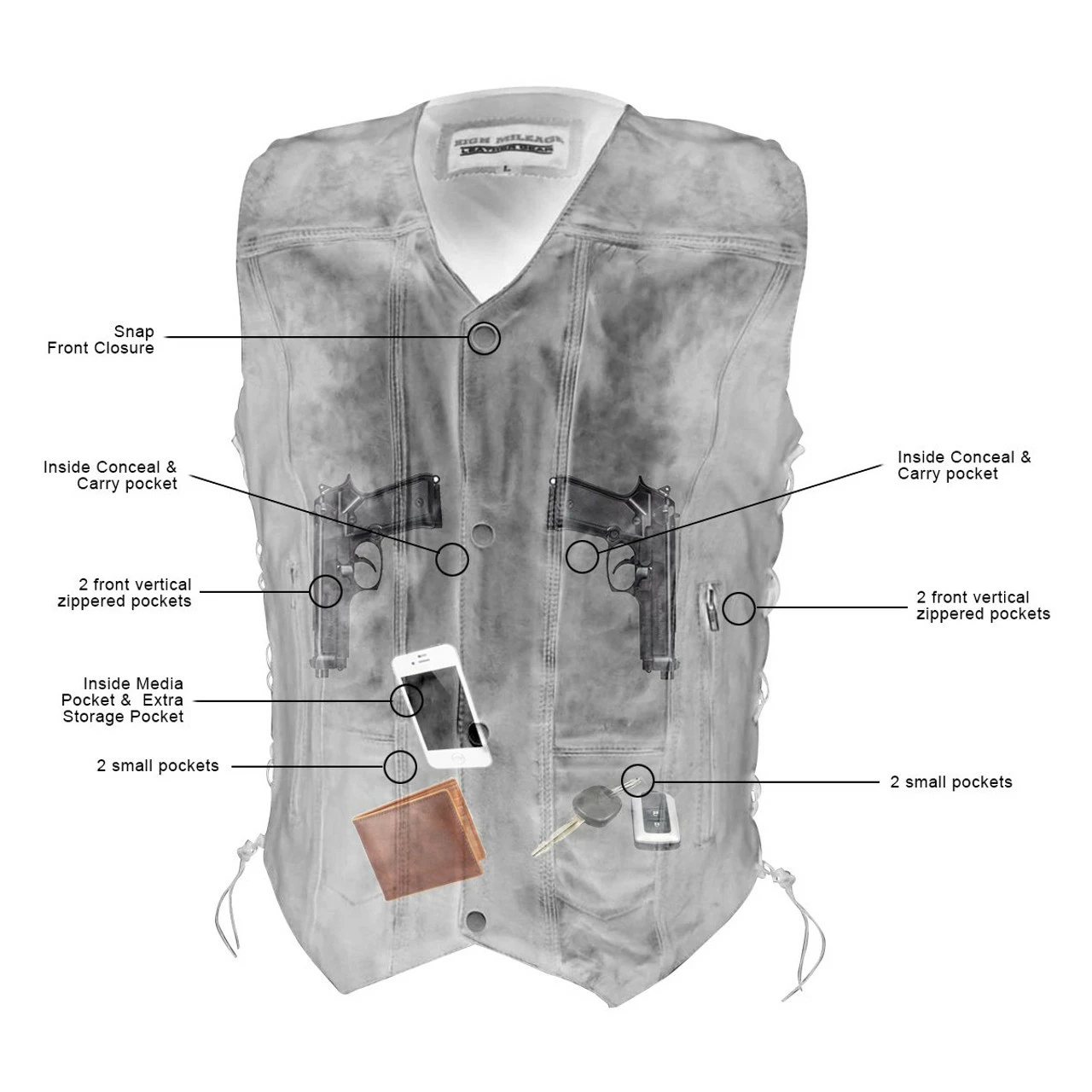 High Mileage HMM915VB Mens Vintage Brown Premium Cowhide Ten Pocket Leather Motorcycle Vest - Image 5