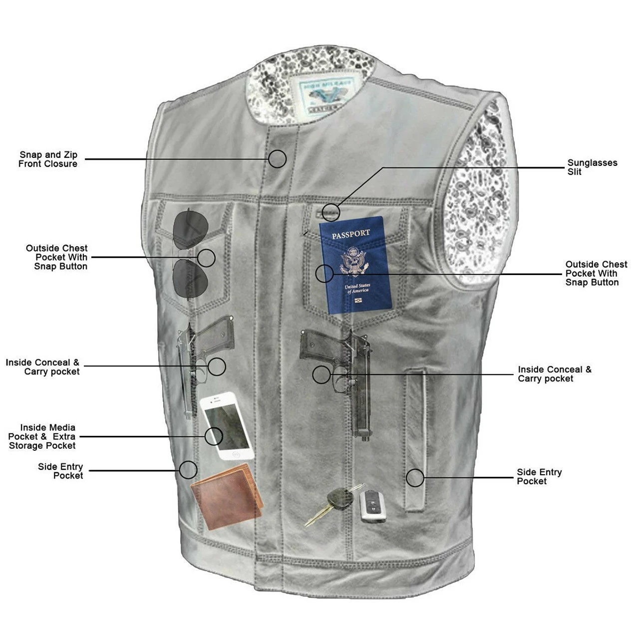 Vance VL919GS Men's Black Premium Cowhide Leather Biker Motorcycle Vest With Quick Access Conceal Carry Pockets And Gray Stitching - Image 2