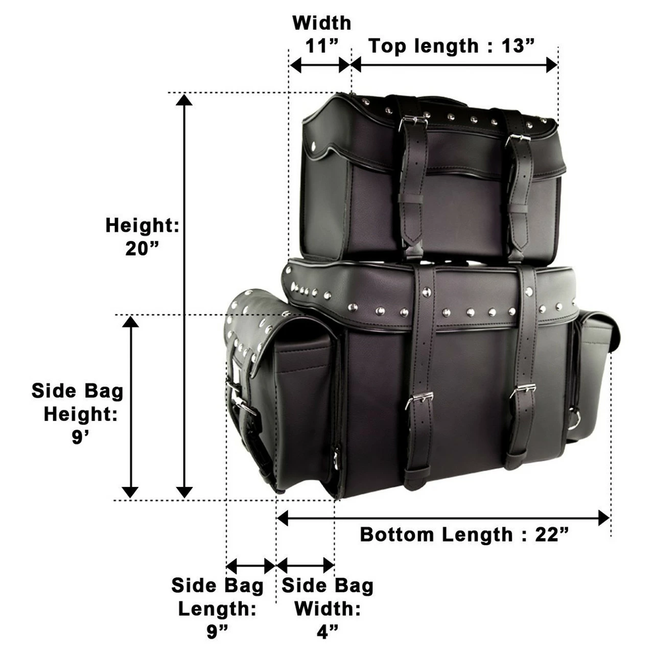 Vance VS339 Black Studded 4 Piece Motorcycle Travel Luggage Sissy Bar Bag