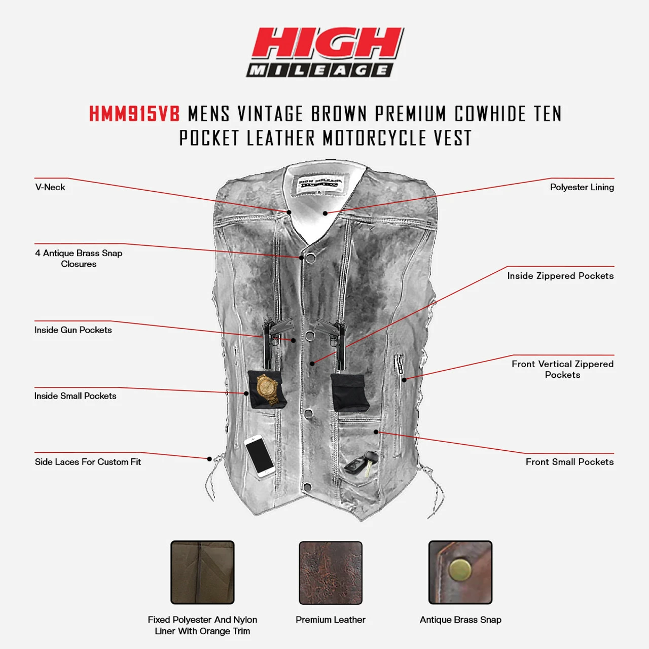 High Mileage HMM915VB Mens Vintage Brown Premium Cowhide Ten Pocket Leather Motorcycle Vest