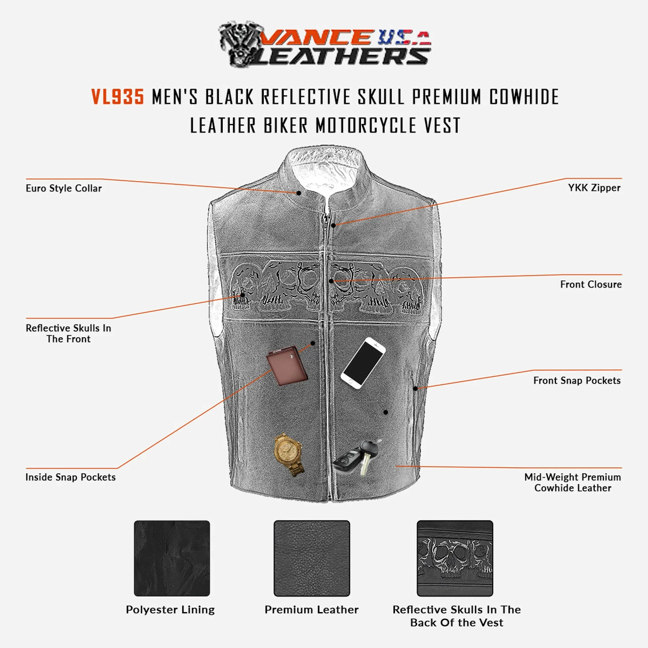 Vance VL935 Men's Black Reflective Skull Premium Cowhide Leather Biker Motorcycle Vest 4 Vance VL935 Men's Black Reflective Skull Premium Cowhide Leather Biker Motorcycle Vest - Image 2