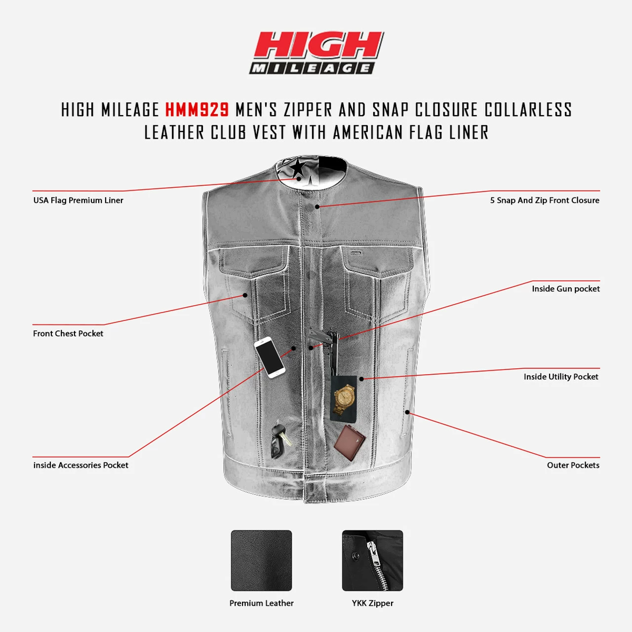 High Mileage HMM929 Men's Zipper And Snap Closure Collarless Leather Club Vest With American Flag Liner 6 High Mileage HMM929 Men's Zipper And Snap Closure Collarless Leather Club Vest With American Flag Liner - Image 4