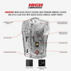 Alternative view of High Mileage HMM919BP Mens Black Paisley Design Liner Premium Cowhide Leather SOA Style Club Vest With Quick Access Conceal Carry Pocket