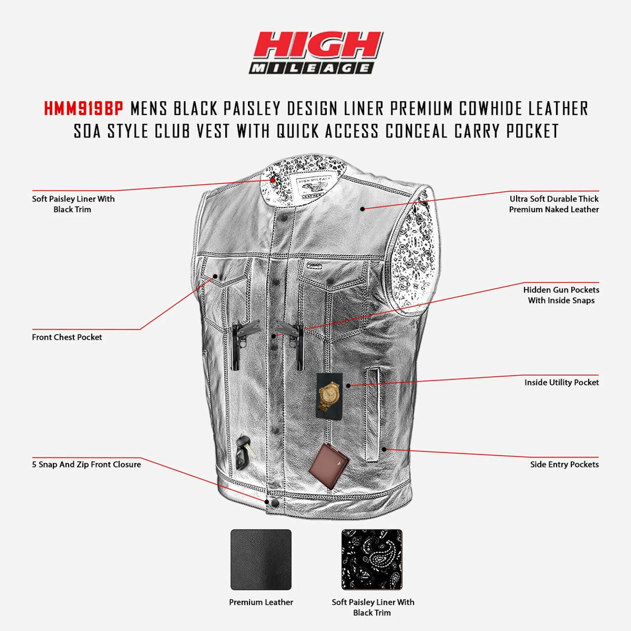High Mileage HMM919BP Mens Black Paisley Design Liner Premium Cowhide Leather SOA Style Club Vest With Quick Access Conceal Carry Pocket 4 High Mileage HMM919BP Mens Black Paisley Design Liner Premium Cowhide Leather SOA Style Club Vest With Quick Access Conceal Carry Pocket - Image 2
