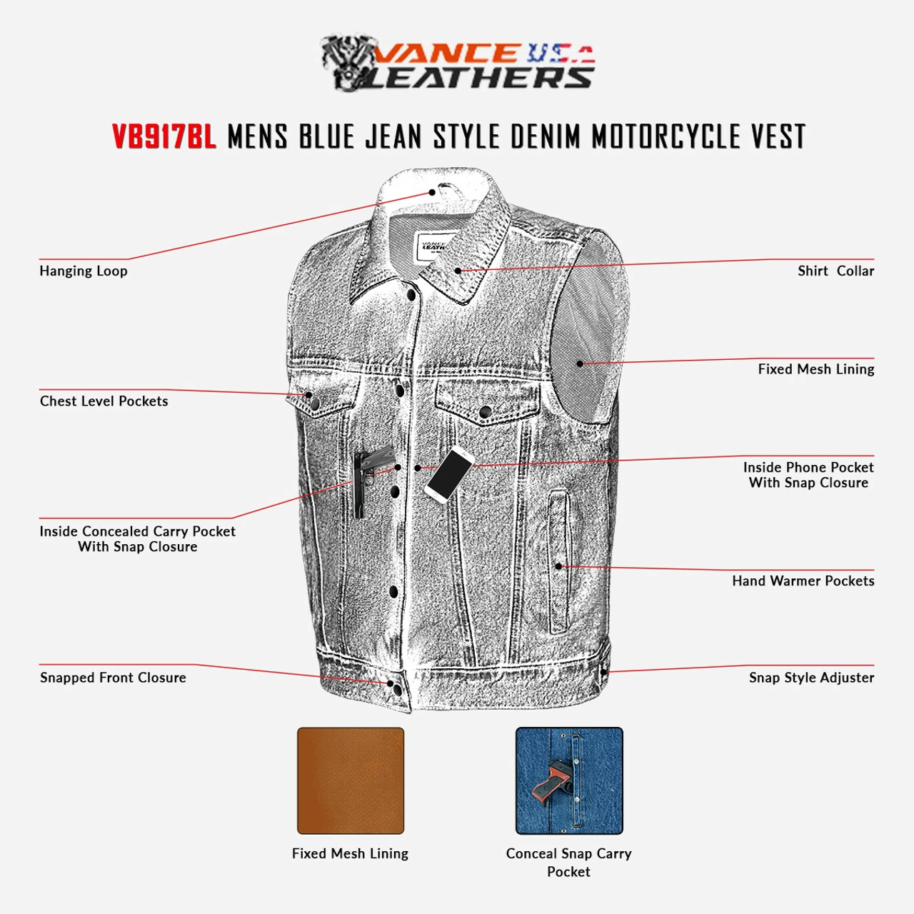 Vance VB917BL Mens Blue Jean Style Denim Motorcycle Vest - Image 3