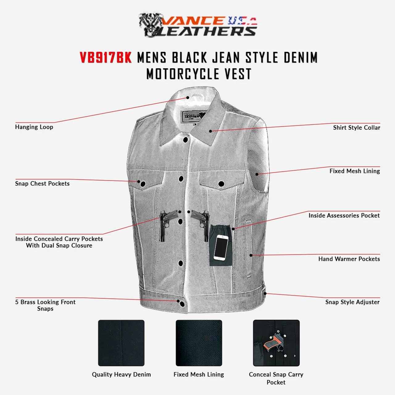 Vance VB917BK Mens Black Jean Style Denim Motorcycle Vest 6 Vance VB917BK Mens Black Jean Style Denim Motorcycle Vest - Image 4