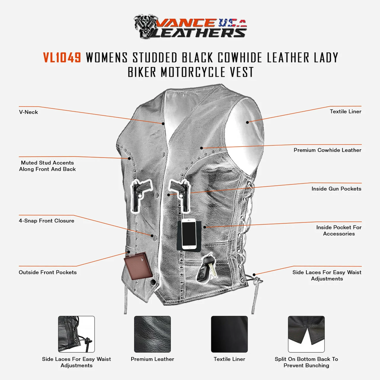 Vance Leathers Men's Grey Denim & Leather Motorcycle Vest With CCW Pockets 6 Vance Leathers Men's Grey Denim & Leather Motorcycle Vest With CCW Pockets - Image 4