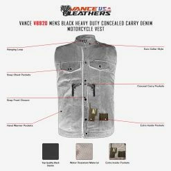 Alternative view of Vance VB920 Mens Black Heavy Duty Concealed Carry Denim Motorcycle Vest