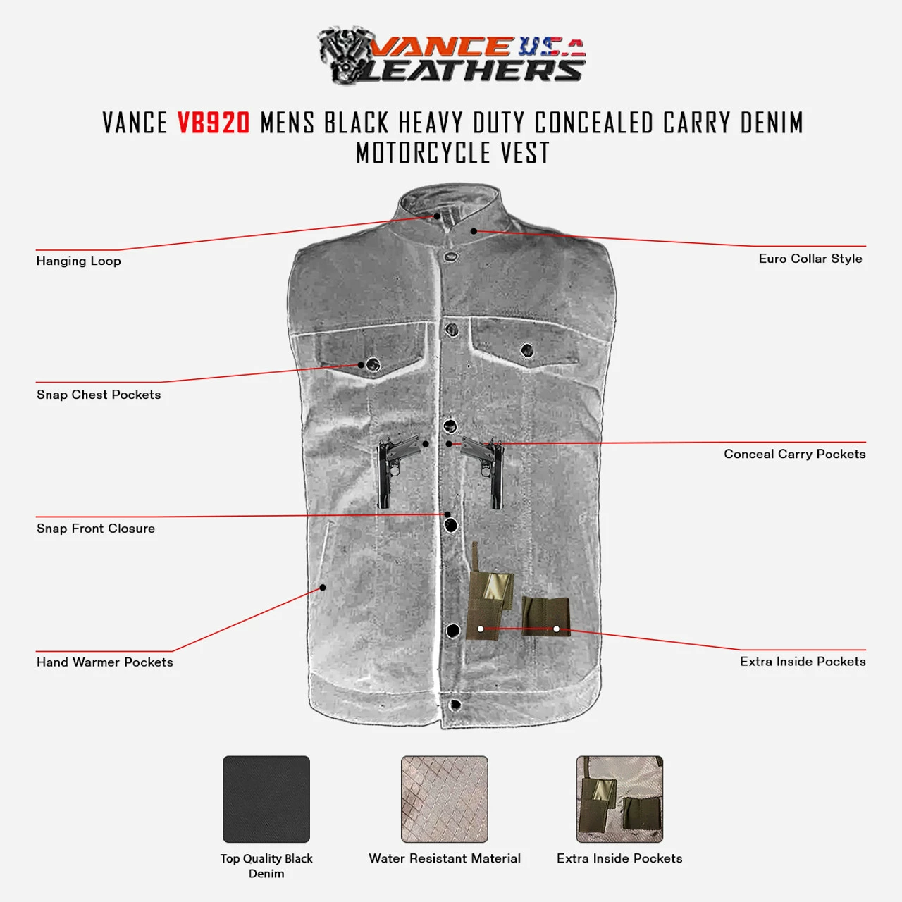 Vance VB920 Mens Black Heavy Duty Concealed Carry Denim Motorcycle Vest 4 Vance VB920 Mens Black Heavy Duty Concealed Carry Denim Motorcycle Vest - Image 2