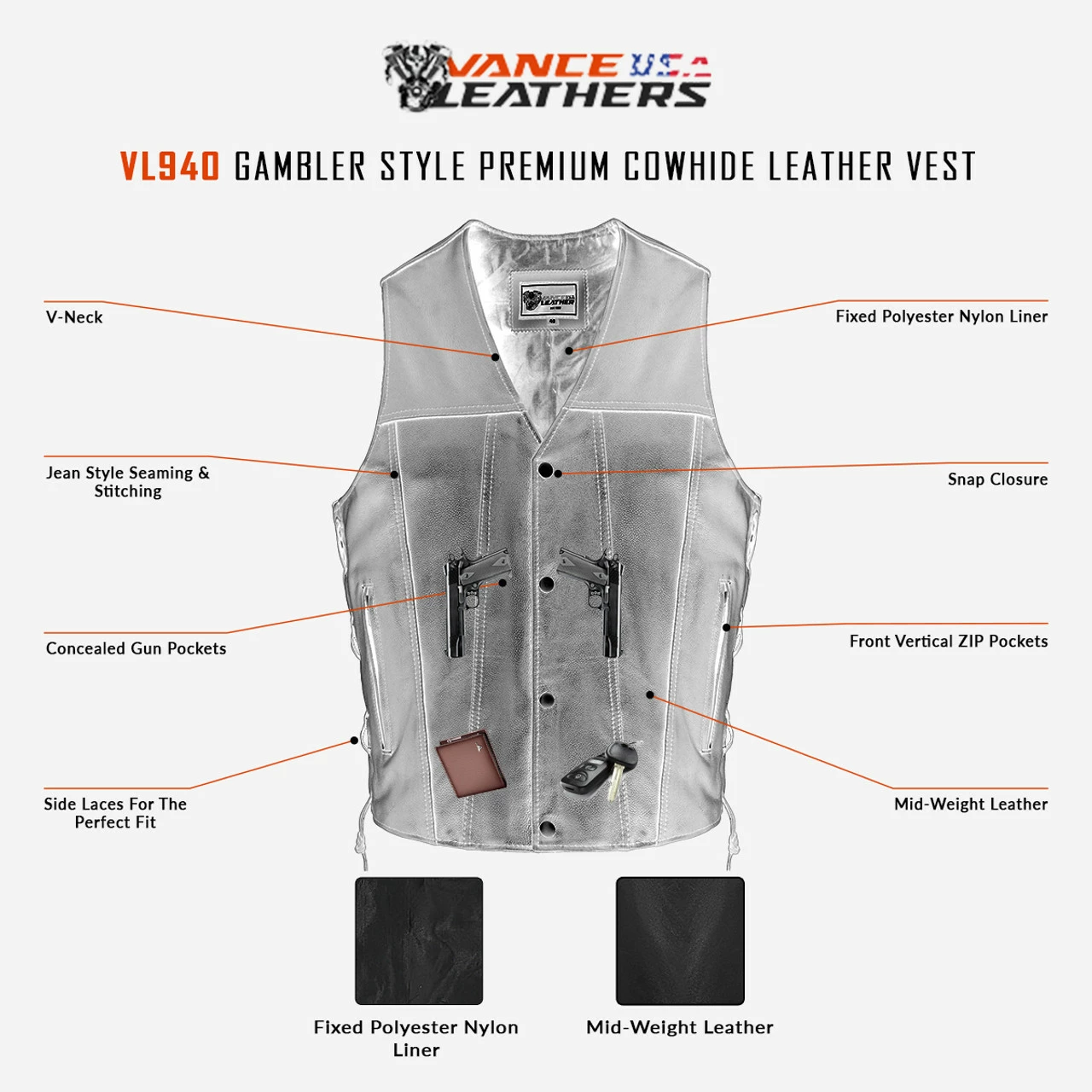 Vance Leather VL940 Gambler Style Premium Cowhide Leather Vest - Image 3