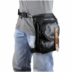 Vance VA566 Men And Women Black Leather Multi-Function Concealed Carry Biker Motorcycle Drop Leg Fanny Pack Thigh Bag