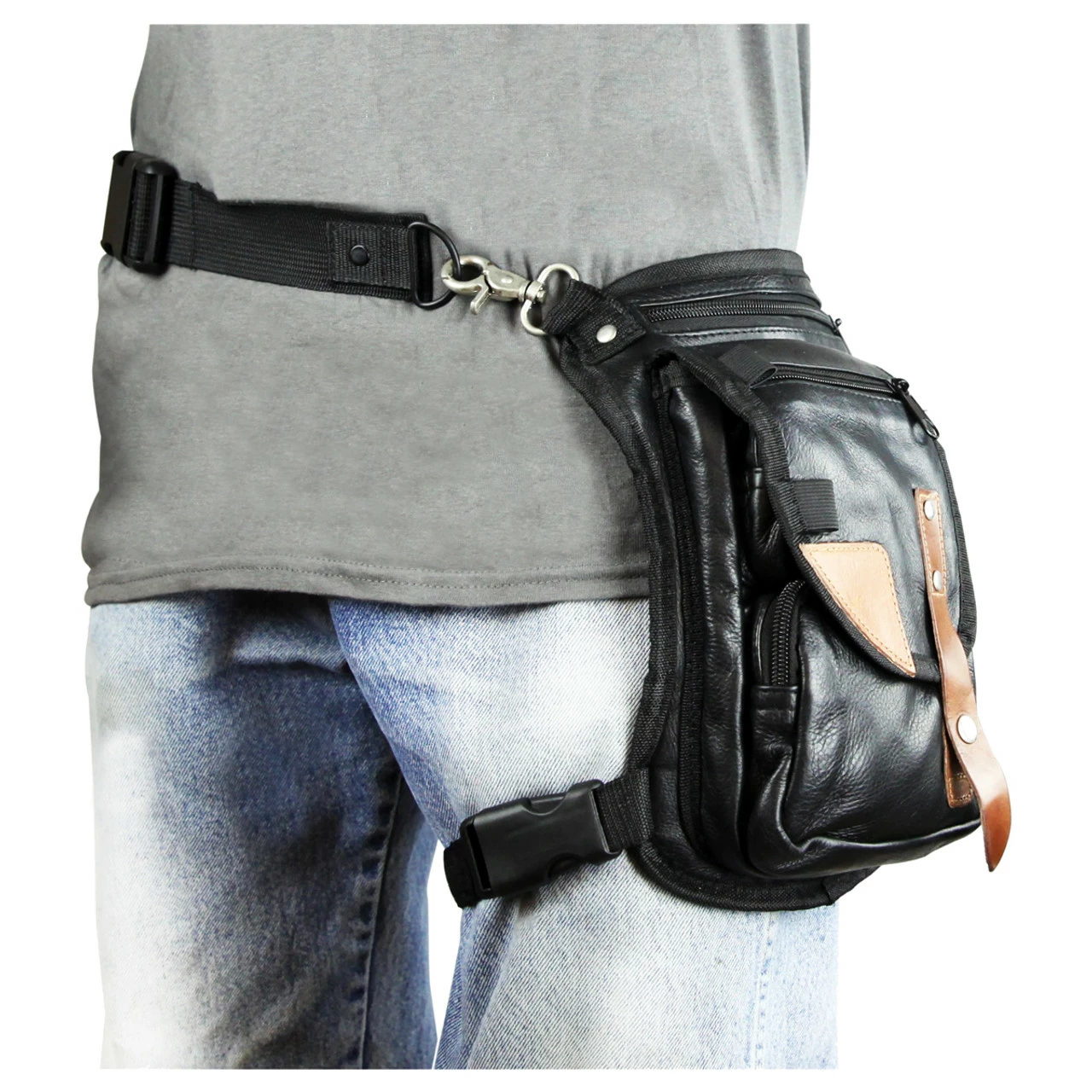 Vance VA567 Men And Women Black Leather Multi-Function Concealed Carry Biker Motorcycle Drop Leg Fanny Pack Thigh Bag